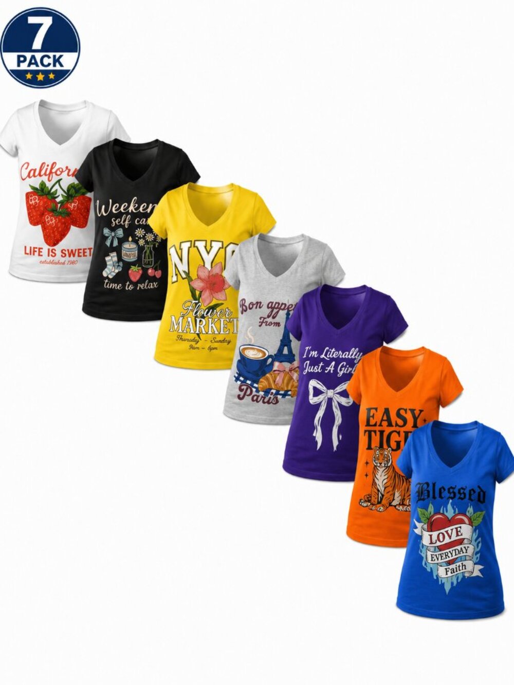 Women's Graphic V-Neck T-Shirt Bundle Pack of 7 Assorted Colors S-XL